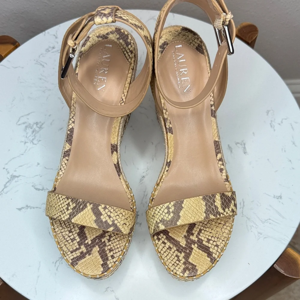 Lauren Ralph Lauren‎ Hilarie Ankle Strap Espadrille Tan Snake Print Wedges - 10